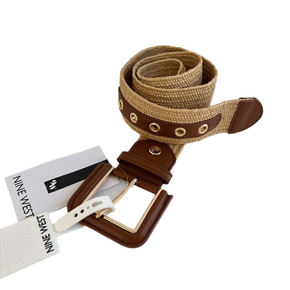 NEW Nine West Belt Size M / L Square Buckle Faux Leather Natural